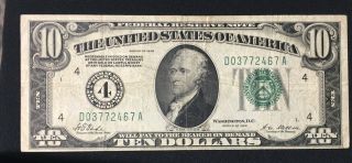 1928 $10 Federal Reserve Note Vf Cleveland Fr 2000 - D S/n D03772467a