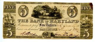 1832 $5 Baltimore,  Bank Of Maryland.