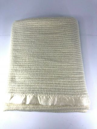 Vintage Satin Trim Waffle Weave Thermal Blanket Cream Ivory Acrylic