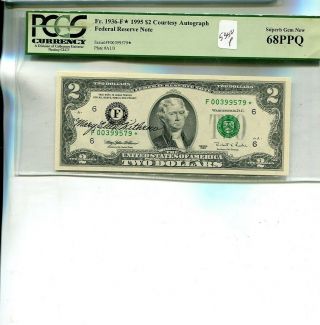 1995 $2 Atlanta Currency Note Pcgs 68ppq Mary Withrow Autograph Treasurer
