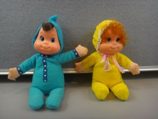 2 Vintage 1970 Mattel Baby Beans Itsy Bitsy Rare Blue & Yellow Dolls
