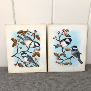 Pair Vintage Oil Paintings On Canvas Board Unframed Chickadees Birds Signed 8x10