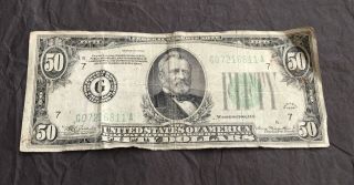 1934 Usa Fifty Dollar Bill Circulated Bank Note Of Chicago Pay To Bearer