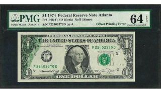 1974 $1 Federal Reserve Note Partial Offset Printing Error