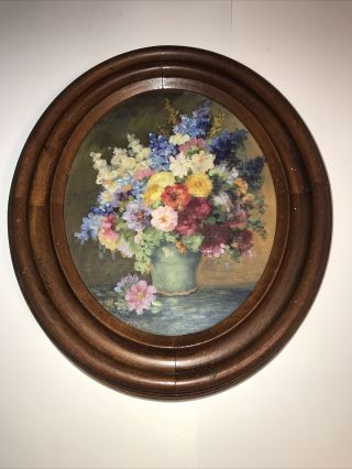 Antique Victorian Oval Walnut Framed Oil Painting - Flower Bouquet In Vase Signed