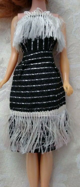 Vintage Clone Black White Fringed Flapper Dress Fits Barbie Suzette Babs Sz Exc