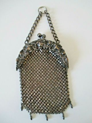 Edwardian Antique German Silver Soldered Metal Mesh Chatelaine Coin 7 " Purse 1