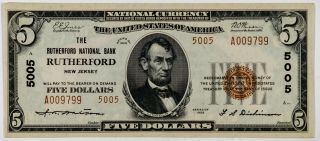 1929 $5.  00 National Currency Note Rutherford,  Jersey