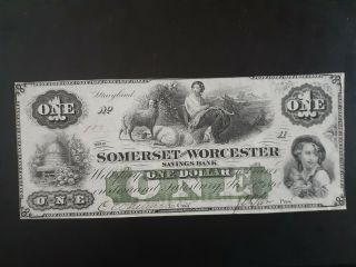 $1 Somerset & Worcester Savings Bank Obsolete Banknote Great Back (obs 12)