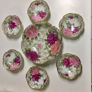 Antique Berry/dessert/ice Cream Bowl Set 7,  Hand Painted Rose Flower,  Gold,  Pink