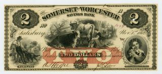 1862 $2 The Somerset And Worcester Savings Bank - Salisbury Maryland Note Au/unc