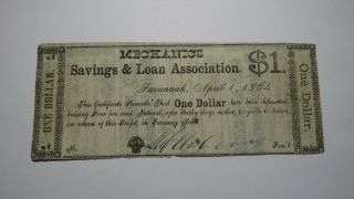 $1 1864 Savannah Georgia Ga Obsolete Currency Bank Note Bill Savings & Loan
