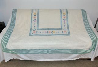 Vintage American Cotton Linen Chenille Bedspread Twin Full Floral 71 " X 98 "