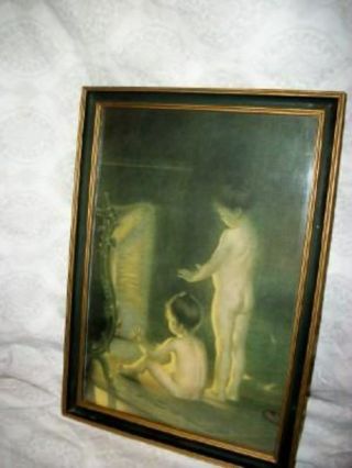 19th C.  After The Bath Print Nude Children Fireplace Paul Peel Antique Frame