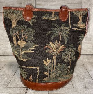Vintage Tommy Bahama Palm Tree Leather Trim Tapestry Tote Round Beach Bag Purse