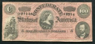 1864 $100 Csa Confederate States Of America Currency Note “lucy Pickens” Vf
