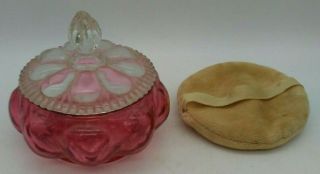 Fenton Cranberry Diamond Optic Melon Ribbed Vanity Glass Powder Jar W/ Puff Vtg