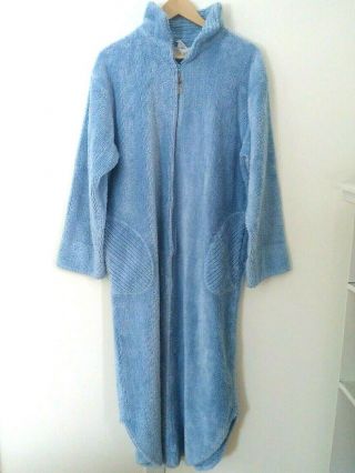Vintage Herbcraft Chenille Robe Bathrobe 3/4 Zip Blue Long Sleeve Large Warm