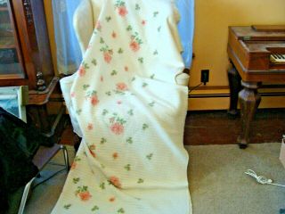 Vintage White Acrylic Blanket With Pink Roses Print Waffle Weave Twin 70 " X 88 "