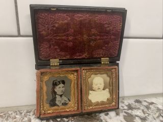 Antique Tintype Photograph Lady Woman Post - Mortem Baby Pocket Frame Photo Vtg