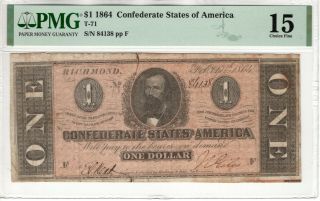 1864 $1 Confederate States Of America Note Currency T - 71 Pmg Ch Fine 15 (002)