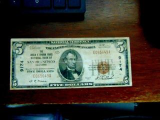1929 $5 National Currency Bank Of America San Francisco Fine L@@k