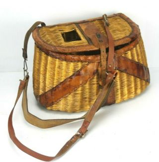 Vintage Leather Trim Wicker Fly Fishing Creel Basket W/ Straps