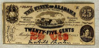 Civil War Confederate State Of Alabama 25 Cent Note / Bill 1863
