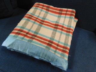 Vintage Camp Blanket Cotton Flannel Woven Red Blue Plaid 76 X 70 " Blue Binding