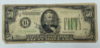 1934 $50 Fifty Dollars Federal Reserve Note,  Light Green Seal Frn