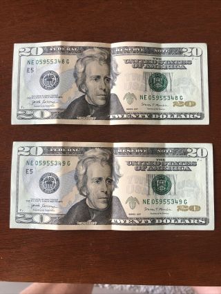 2 Crisp 2017 Consecutive Serial Numbers $20 Dollar Bills