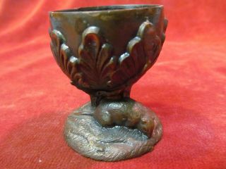 Antique 2 1/4 " Bronzed Figural Metal Egg Cup With Tree Stump Leaves & Rat