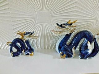 Two Rare Porcelain Dragon Statue White And Blue Asian Chinese Figurine Figure