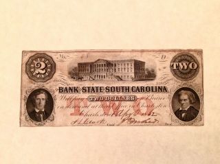 1862 $2 Two Dollars Bank Of The State Of South Carolina - Civil War Era