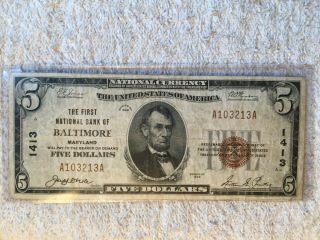 1929 $5 Note From The First National Bank Of Baltimore Maryland 1413 Scarce.