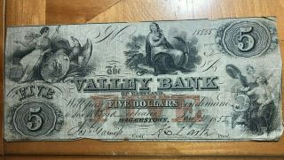 1855 $5 The Valley Bank Of Maryland Hagerstown Obsolete Note