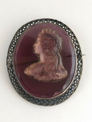 Antique Victorian Amethyst Purple Glass Cameo Maiden Brooch Pin Large 2 1/4 "