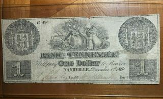 1861 $1 The Bank Of Tennessee Nashville Obsolete Note