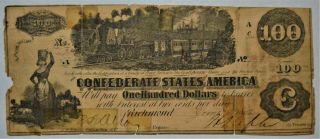 1862 $100 Confederate States Currency Civil War Note - 4 Endorsements -.  99c Start