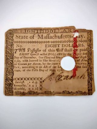 1780 State Of Massachusetts - Bay Eight Dollar Colonial Currency - Interest Paid