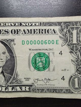 2013 $1 Fancy Serial Number Low 3 Digit 7 Of A Kind 00000 600 Rare