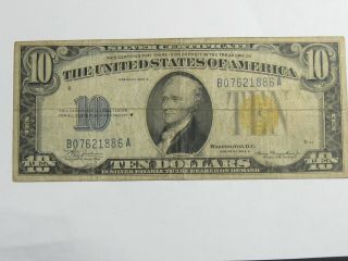 1934 A $10 Yellow Seal North Africa Wwii Silver Certificate - 9650