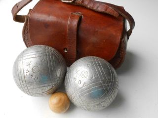 Antique Vintage Set Of Jb French Boules In Leather Case With Jack