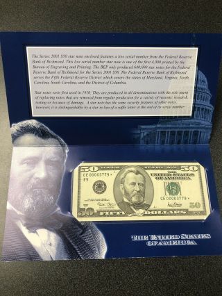 2001 Series $50 Federal Reserve Single Star Note Richmond - Low Serial Number.