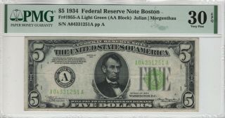 1934 $5 Federal Reserve Note Boston Fr.  1955 - Algs Light Green Seal Pmg Vf 30 Epq