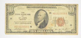 Rare 1929 $10 National Currency St.  Louis,  Mo Fed Reserve Bank Brown Seal 863