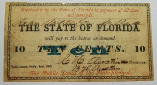 1863 The State Of Florida 10 Cent Note,  Cr30b Ob16