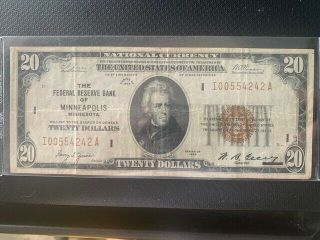 1929 $20 Dollar National Currency Federal Reserve Bank Of Minneapolis
