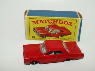 Matchbox Lesney No 22c Pontiac G.  P.  Coupe Red " No Roof Stud " Code 1 Exib E2 Box