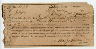 1864 $300 Newberry,  South Carolina C.  S.  A.  Interim Depository Receipt (idr)